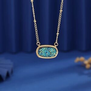 Gold-Plated Blue Druzy Pendant Necklace - Women Jewelry